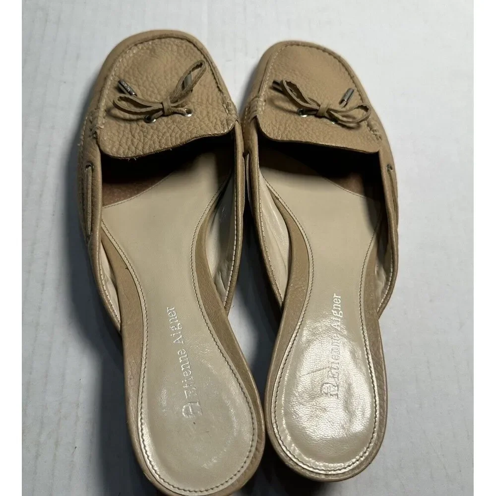 Etienne Aigner Walton Mules Beige Leather Round Apron Toe Low Heel Shoes Sz 9.5M